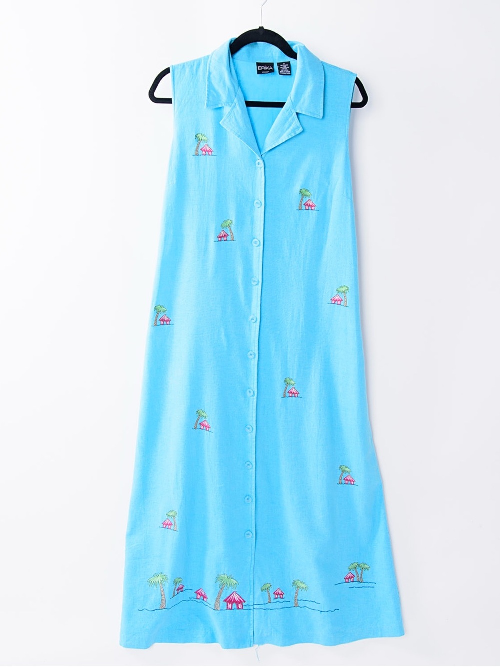 Erika Linen Rayon Tropical Embroidered Midi Dress Blue Size M Beach Resort